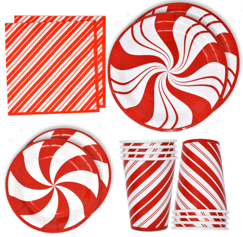 Christmas Candy Cane Party Supplies Tableware Set 24 9" Dinner Plates 24 7" Plate 24 9 Oz Cups 24 Lunch Napkin for Holiday Xmas Peppermint Red and White Striped Disposable Paper Dinnerware Decorations