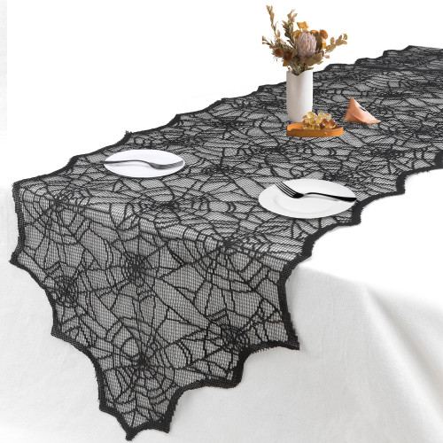 Halloween Table Runner, Black Lace Table Runner, 18 X 72 Inch Spider Web Table Runner Halloween Table Decor, Polyester Lace Table Runner Halloween Table Decoration for Parties Gathering