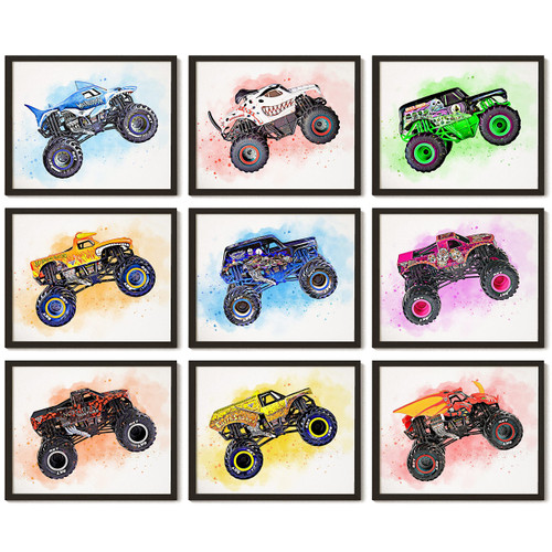 97 Decor Monster Truck Room Decor for Boys - Cars Monster Trucks Bedroom Decorations, Kids Car Wall Art Prints, Cartoon Vehicle Pictures for Kids Playroom (8x10 UNFRAMED)