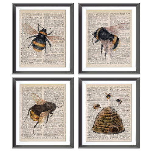 Farmhouse Honey Bee Bumble Bee Beehive Poster Prints for Home Kitchen Bedroom Living Room Porch Nursery Classroom Decor,Honey Bee Dictionary Art Decorations Prints Wall Art Unframed 4pcs 8x10inches
