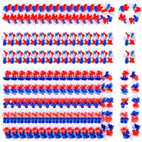 144 Pcs Patriotic Flower Leis Independent Day Headbands and Elastic Wristbands Necklaces Red White Blue Leis 4th of July Decorations Leis Memorial Day Party Favors for Accessories Supplies
