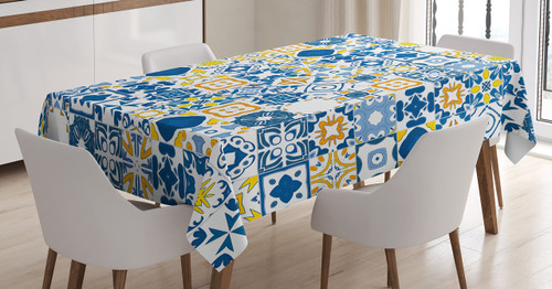 Ambesonne Yellow and Blue Tablecloth, Mosaic Portuguese Azulejo Mediterranean Effect, Dining Room Kitchen Rectangular Table Cover, 52" X 70", Mustard White