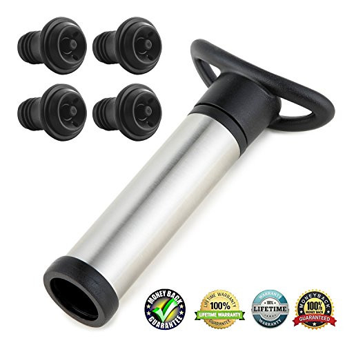 BESTBEING Wine Saver Pump Preserver Stainless with 4 Vacuum Bottle Stoppers - To Save your Wine Fresh