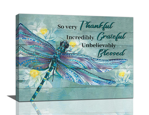 Dragonfly Wall Art Green Dragonfly Pictures Wall Decor Farmhouse Rustic Dragonfly Lotus Flower Canvas Painting Prints Modern Artwork Decoration for Bathroom Bedroom Living Room 16"x12"