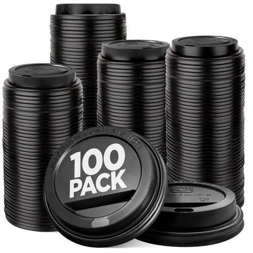 (100-Pack) Coffee Cup Lids - Bulk Disposable Coffee Cup Lids, Large Sip Hole, Air Flow Vent - Fits 10oz, 12oz, 16oz, 20oz, & 24oz Paper Cups, Squat Hot Cups - Black