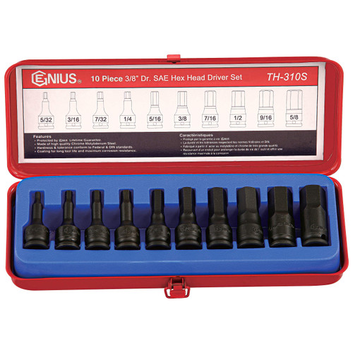 Genius Tools 10PC 3/8" Dr. SAE Hex Impact Bit Socket Set (CR-Mo) - TH-310S