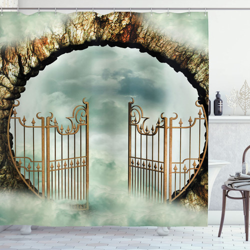 Ambesonne Mystic Shower Curtain, Vintage Door Gate in The Sky Surrounded with Clouds Dreamy Castle, Cloth Fabric Bathroom Decor Set with Hooks, 69" W x 70" L, Teal Beige Brown Ambesonne Mystic Shower Curtain, Vintage Door Gate in The Sky Surrounded with Clouds Dreamy Castle, Cloth Fabric Bathroom Decor Set with Hooks, 69" W x 70" L, Teal Beige Brown