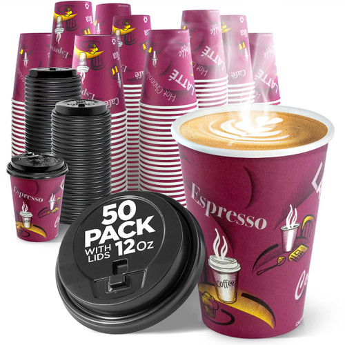 Disposable Coffee Cups with Lids 12 oz (50 Pack) - To Go Paper Coffee Cups for Hot & Cold Beverages, Coffee, Tea, Hot Chocolate, Water, Juice - Eco Friendly Cups