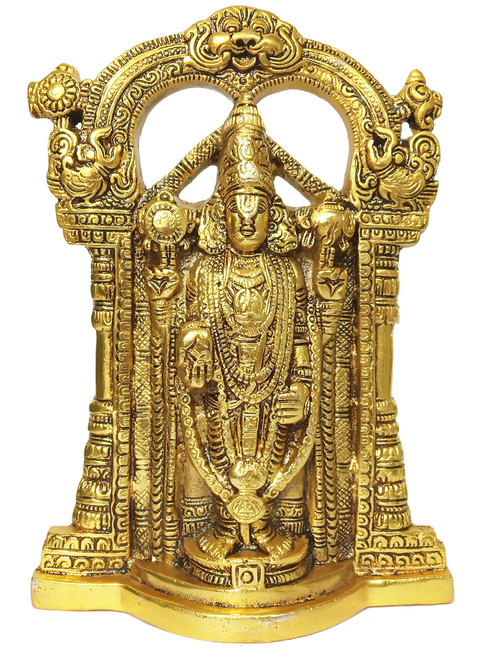 Purpledip Metal Idol Wall Hanging Tirpuathi Venkateswara Balaji: Gold Finish Statue For Home, Temple (12183)