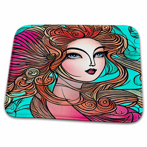 3dRose Art Nouveau woman. Abstract queen of ocean waves with red... - Dish Drying Mats (ddm-376030-1)