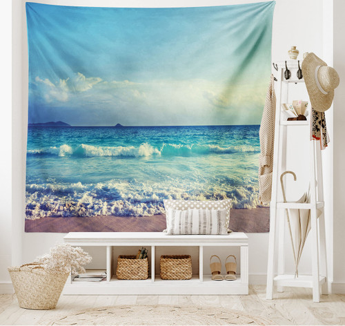 Ambesonne Tropical Island Tapestry King Size, Ocean Waves on Seychelles Beach at the Sunset Time Skyline, Wall Hanging Bedspread Bed Cover Wall Decor, 104" X 88", Turquoise Sky Blue Umber