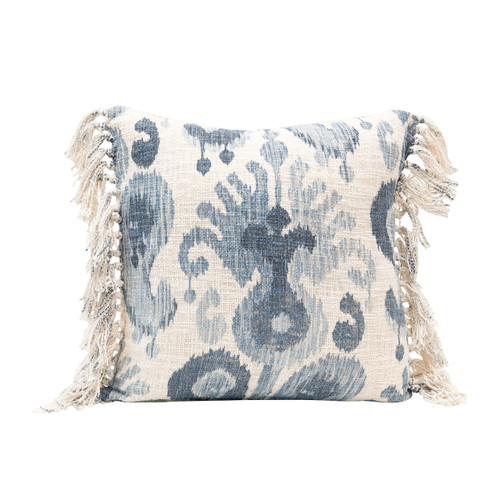 Creative Co-Op Stonewashed Woven Cotton Blend Pillow with Ikat Pattern & Tassels, Blue & Cream Color