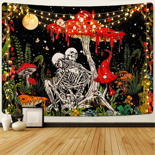 Uspring Skull Mushroom Tapestry Skeleton Lovers Tapestries Vintage Plants Tapestry Moon Garden Galaxy Tapestry Gothic Wall Tapestry for Bedroom Aesthetic Decor (51.2 x 59.1 inches)