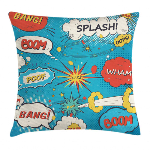 Ambesonne Superhero Throw Pillow Cushion Cover, Pop Art Style Comic Speech Bubbles Funny Humor Expressions Boom Splash Bang, Decorative Square Accent Pillow Case, 24" X 24", Cream Blue