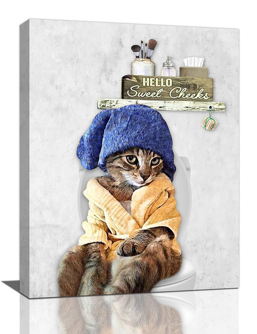 Funny Bathroom Cat Wall Art Bathroom Animal Cat on Toilet Pictures Wall Decor Funny Cat Bathroom Sign Canvas Prints Painting Modern Home Framed Artwork For WC Toilet Restroom 12"x16"