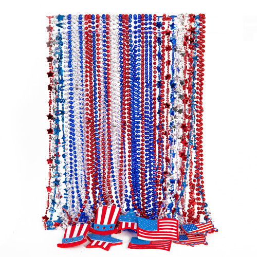 4th of July Necklace Party Favors, 42PCS Fourth of July Bead Necklaces, Metallic Patriotic Independence Day Red Blue White Necklace USA Hat Flags Pendant, Necklace for Memorial Day Parades Party Supplies