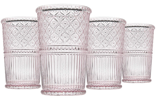 Godinger Highball Drinking Glasses, Tall Glass Cups, Vintage Decor, Water Glasses, Cocktail Glasses - Claro Collection, 12oz, Pink, Set of 4