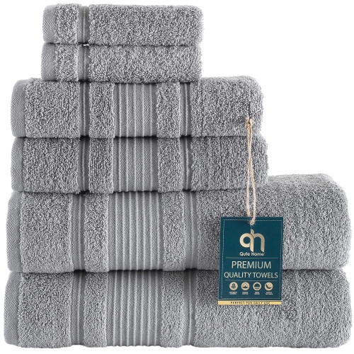 Qute Home 6-Piece Bath Towels Set, 100% Turkish Cotton Premium Quality Bathroom Towels, Soft and Absorbent Turkish Towels, Set Includes 2 Bath Towels, 2 Hand Towels and 2 Washcloths (Grey)