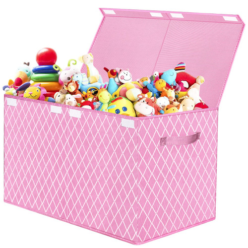 Toy Box Chest Organizer Bins for Girls Boys, Kids Large Fabric Collapsible Storage Basket Container with Flip-Top Lid & Handles for Clothes,Blanket,Nursery,Playroom,Bedroom (Pink)