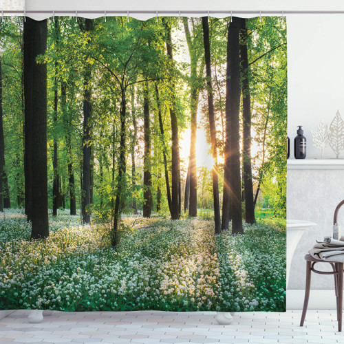 Ambesonne Forest Shower Curtain, Sunny Forest with Wild Garlic Enchanting Wildflowers Blossoms Landscape Scenery, Cloth Fabric Bathroom Decor Set with Hooks, 69" W x 75" L, Green and White