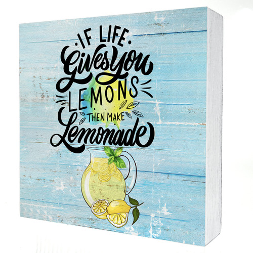 Positive Lemon Wooden Box Sign Desk Decor Retro If Life Gives You Lemons Wood Block Plaque Box Signs with Quotes Rustic Box Sign for Home Kitchen Shelf Table Decoration (5 X 5 Inch)