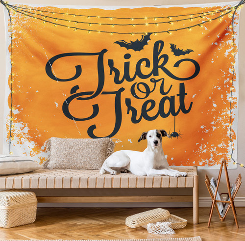 Lunarable Vintage Halloween Tapestry Twin Size, Trick or Treat Halloween Theme Celebration Image Bats Tainted Backdrop, Wall Hanging Bedspread Bed Cover Wall Decor, 68" X 88", Orange Black
