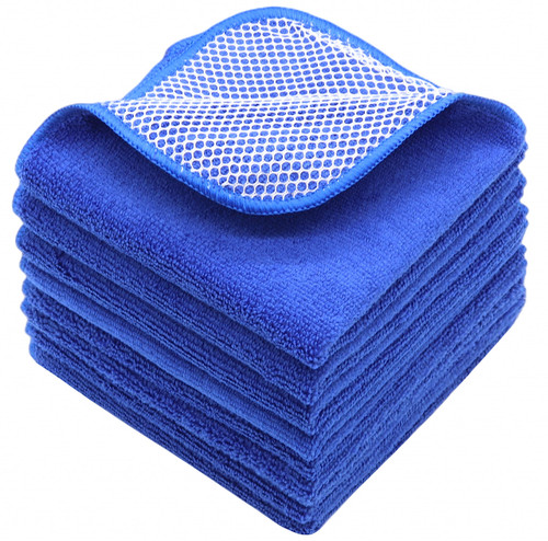 VeraSong Microfiber Dish Cloths Fast Drying Kitchen Cleaning Cloth Dish Rags Dust Cloths Ultra Absorbent Lint Free Washcloths with Poly Scrub Side 12inch x 12inch 8 Pack (Dark Blue)
