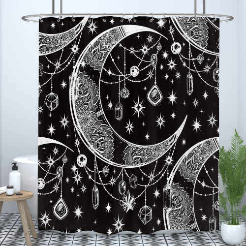 LIGHTINHOME Mandala Celestial Shower Curtain 72Wx72H Inch Boho Moon Star Black White Fabric Waterproof Bathroom Home Decor 12 Plastic Hooks