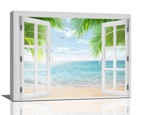 Window Beach Canvas Wall Art Beach Pictures Wall Decor Open Window Canvas Painting Print Beach Pictures for Wall Palam Tree Artwork Modern Home Decor Framed for Bedroom Living room Bathroom 12"X16"