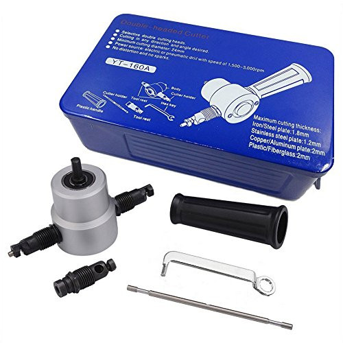 Double Head Sheet Nibbler Metal Cutter, Drill Attachment Metal Nibbler Tool Kit with Wrench Extra Nibbler Punch and Die(5Pcs Set, Iron Tool Box)