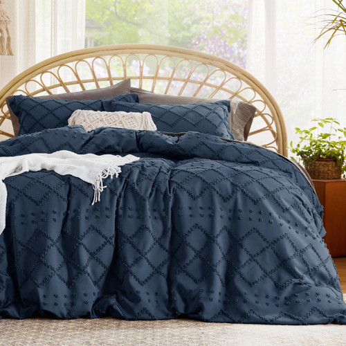 Bedsure Duvet Cover King Size - King Duvet Cover Set, King Boho Bedding Set for All Seasons, 3 Pieces Embroidery Shabby Chic Home Bedding Duvet Cover Set (Navy, King, 104x90'')