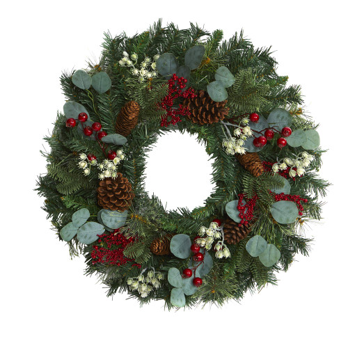 Nearly Natural 24in. Eucalyptus and Pine Artificial Wreath with Berries and Pine Cones, Green