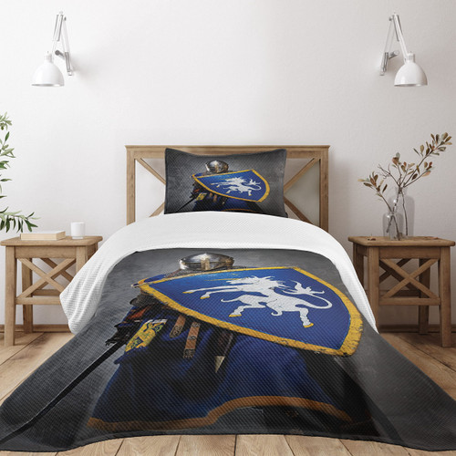 Lunarable Medieval Bedspread, Medieval Knight Holding an Aged Old Shield Historical Theme Digital Print, Decorative Quilted 2 Piece Coverlet Set with Pillow Sham, Twin Size, Grey Blue