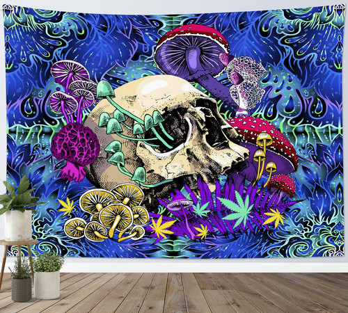 LB Trippy Mushroom Skull Tapestry Psychedelic Hippie Skeleton Tapestry Wall Hanging Aesthetic Fantasy Cool Tapestries for Bedroom Living Room College Dorm Home Decor 60x40 inch