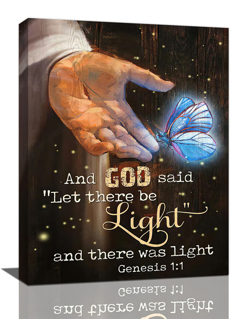 Christian Jesus Decor Wall Art Hand of God Blue Butterfly Religious Bible Verse Scripture Pictures Wall Decor Canvas Painting Prints Artwork Decorations Framed for Church Bathroom Bedroom 12"x16"