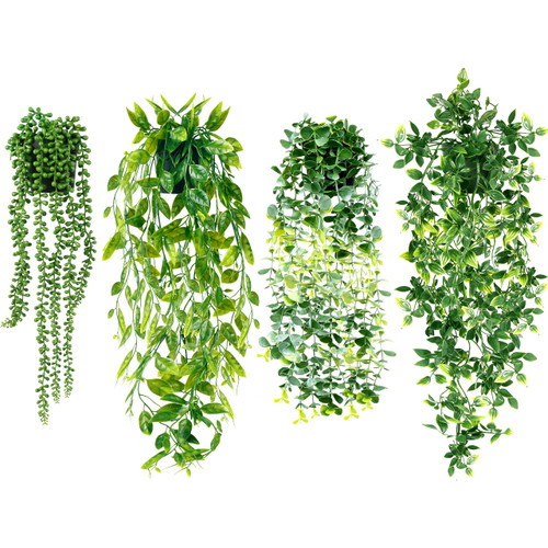 Artificial Hanging Plants for Shelf, 4 Pack Fake Potted Greenery Plant Faux Eucalyptus Vine, Mandala Vine, String of Pearls,Pea pod Leaves in Pot for Home Room Indoor Outdoor Shelf Decor Artificial Hanging Plants for Shelf, 4 Pack Fake Potted Greenery Plant Faux Eucalyptus Vine, Mandala Vine, String of Pearls,Pea pod Leaves in Pot for Home Room Indoor Outdoor Shelf Decor