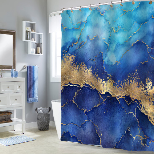 MitoVilla Blue Ombre Marble Shower Curtain Set, Blue Gold Abstract Shower Curtain for Bathroom Decor, Modern Standard Shower Curtain for Bathtub, Royal Blue Luxury Fabric Shower Curtain, 72 x 72