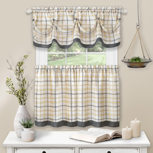 Achim Home Furnishings Tattersall Tier Pair and Valance Set - 58 x 36/58 x 14 - Grey