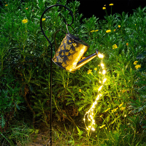 Solar Lights Outdoor Yard Garden Decor LED Lights Pathway Decorative Hanging Lanterns Solar Patio Art Retro Metal Butterfly Kettle Waterproof Watering Can with String Lights Walkway Waterfall Stake
