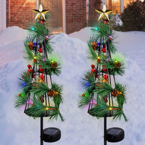 MAGGIFT Christmas Lighted Solar Stake Lights, Outdoor Solar Powered LED Xmas Tree Yard Signs with Star, Light Up Pathway Lights with Multicolor LED, Metal Tree Garden Stakes Lawn Ornament, Set of 2