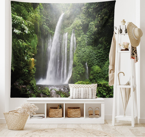 Lunarable Waterfall Tapestry Twin Size, Exotic Rainforest in Indonesia Tropical Trees Adventure Picture Nature Blooms, Wall Hanging Bedspread Bed Cover Wall Decor, Twin Size, White Green