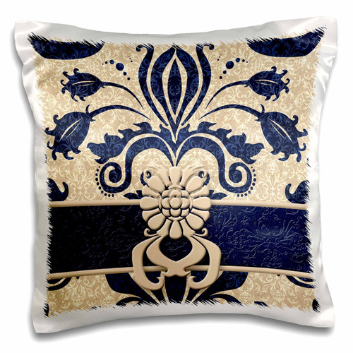 3D Rose pc_15452_1 "Damask Navy Blue and Taupe Pillow Case, 16" x 16"
