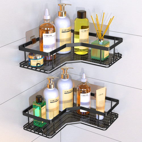 BFANGZ Corner Shower Caddy, Black Shower Organizer Hanging,Shower Shelves,Corner Shower with Hooks Adhesive No Drilling Wall Mount Bathroom Shelf Holder Storage Rack Rustproof Shelf (2 Pack)
