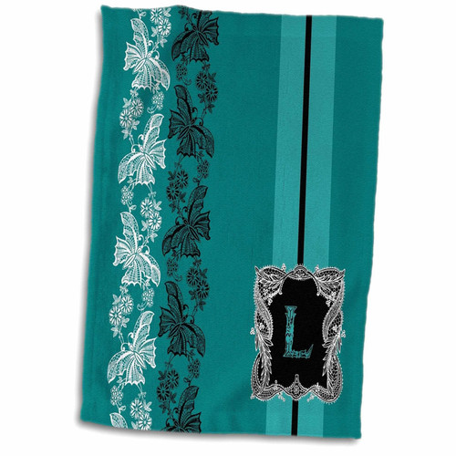 3D Rose Monogram Initial L in Teal White and Black Lace Hand Towel, 15" x 22", Multicolor