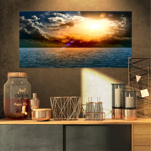 Designart PT10643-32-16 Yellow Sunset in The Middle of Ocean-Beach Canvas Wall Art-32X16, 32x16, Blue Designart PT10643-32-16 Yellow Sunset in The Middle of Ocean-Beach Canvas Wall Art-32X16, 32x16, Blue