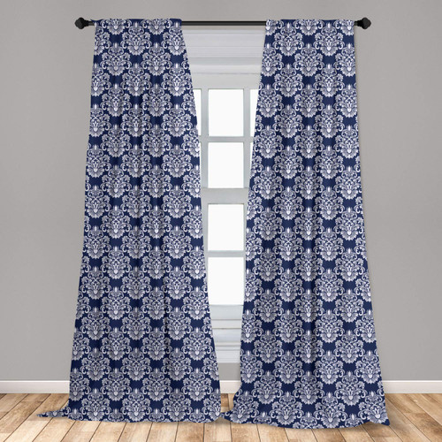 Ambesonne Navy Blue Curtains, Abstract Floral Damask with Antique Victorian Design Renaissance Flourish, Window Treatments 2 Panel Set for Living Room Bedroom, Pair of - 28" x 95", Blue White