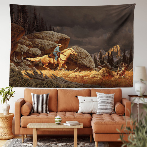 Ambesonne Western Tapestry Twin Size, Rock Mountain Landscape Cowboy Riding Horse NorthmericStyle, Wall Hanging Bedspread Bed Cover Wall Decor, 68" X 88", Earth Yellow Grey