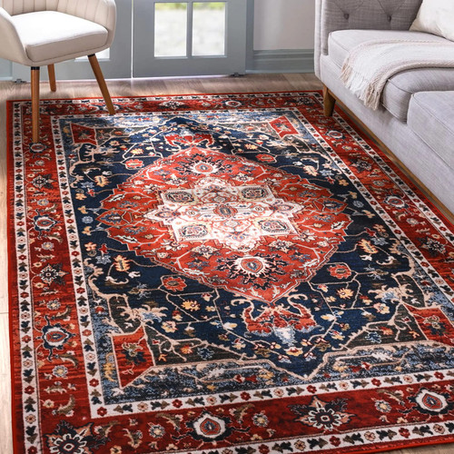 YJ.GWL Boho Area Rug 4x6 Washable Bedroom Rug, Soft Oriental Distressed Accent Rugs for Living Room Dining Room, Non-Slip Non-Shedding Low-Pile Entryway Rug Floor Carpet, Red