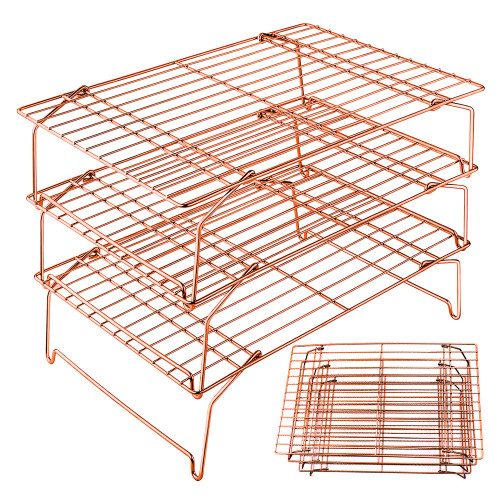 Cooling Rack for Baking Cooking Stackable 3 Tier Stainless Steel Large Wire Cooling Racks for Bread Cookies Cakes Pizza 40 Cm, Rose Gold