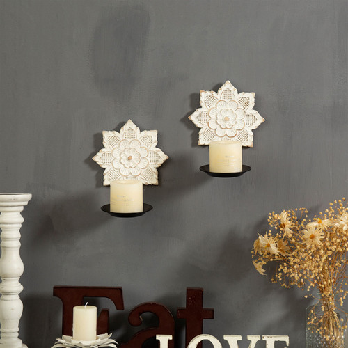 Farmhouse Wall Sconces Set of Two Candle Holder, Hanging Sunflower Rustic Candle Holder, Handmade Wooden Candle Holder Wall Decor, White Wall Candle Sconces for Home Bedroom Living Room